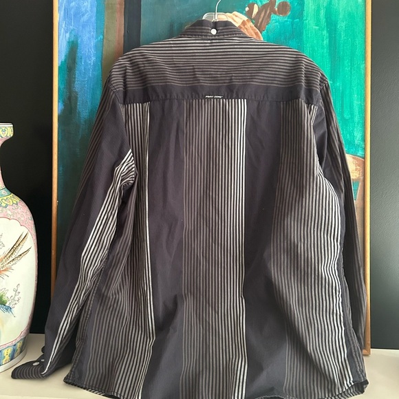Point Zero Men's Black and Gray Striped Shirt L Semi Fit Y2K - Picture 6 of 16
